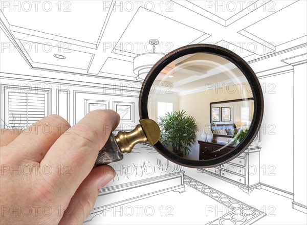 Hand holding magnifying glass revealing custom bedroom design drawing and photo combination