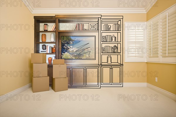 Moving boxes in room with entertainment unit drawing gradating to photograph