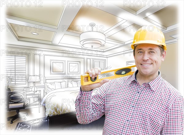 Smiling contractor in hard hat with level over custom bedroom drawing and photo combination