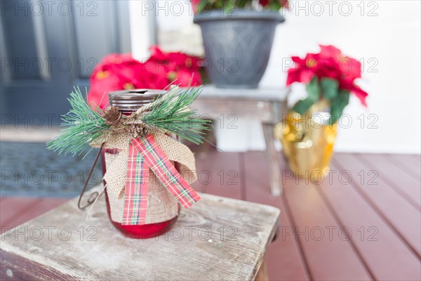 Christmas decorations at front door of house