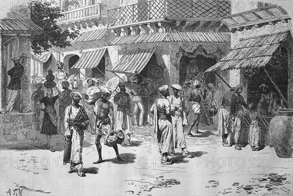 Chandni Chowk intersection with shops and market in 1880