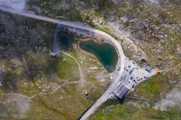 Bird's eye view of the Nufenen Pass between the canton of Ticino and Valais in the Swiss mountains