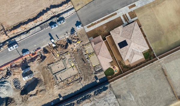 Drone aerial view cross section of home construction site