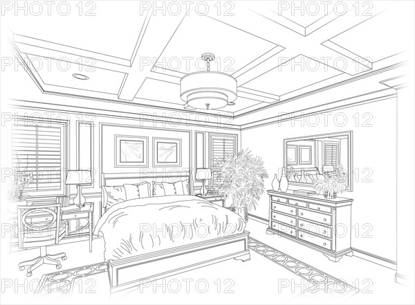Detailed line drawing of A beautiful bedroom