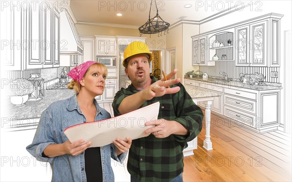 Contractor talking with customer over custom kitchen drawing and photo combination