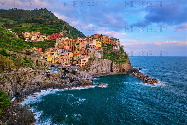 Manarola village popular european italian tourist destination in Cinque Terre National Park UNESCO World Heritage Site