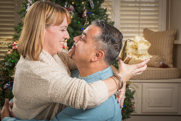 Happy young mixed-race couple with present near christmas tree