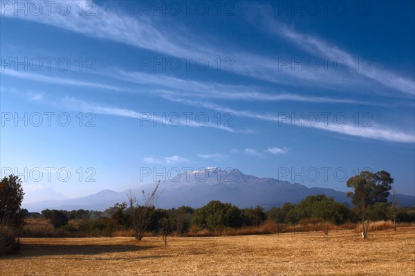 Popocatepetl volcano and blue sky in Mexico