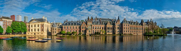 Panorama of the Binnenhof House of Parliament and Mauritshuis museum and the Hofvijver lake. The Hague