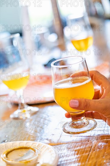 Female hand holding glass of micro brew beer at bar