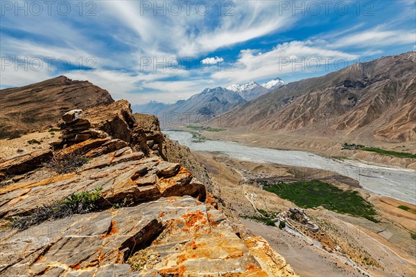 Aerial view of Spiti valley and Key aka Ki gompa Buddhist monastery in Himalayas