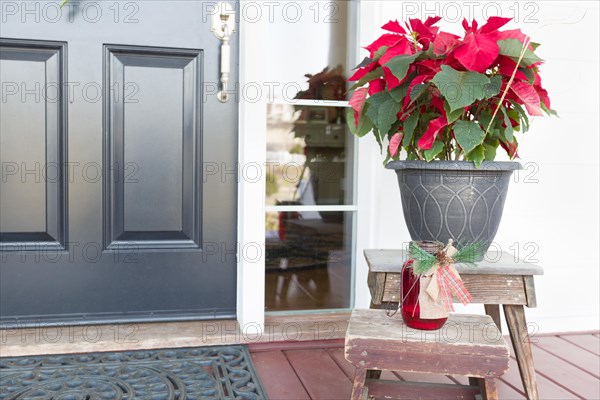 Christmas decorations at front door of house