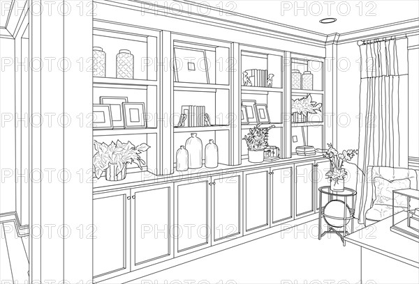 Detailed drawing of custom living room built-in shelves and cabinets