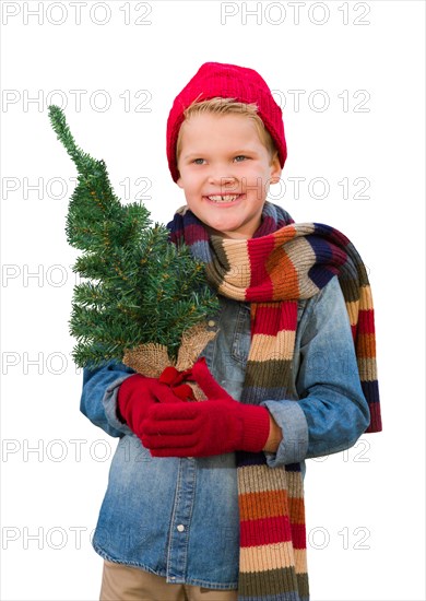 Young boy wearing mittens and scarf holding christmas tree isolated on a white background