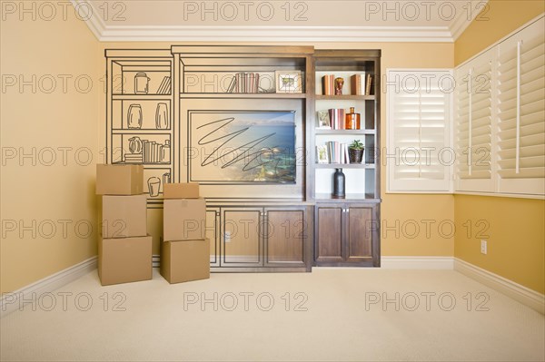 Moving boxes in room with entertainment unit drawing gradating to photograph