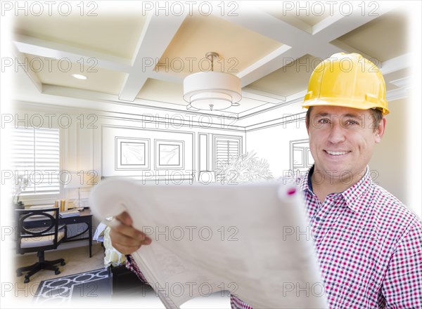 Smiling contractor in hard hat with roll of plans over custom bedroom drawing and photo combination