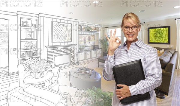 Woman with okay sign over custom bedroom drawing and photo combination