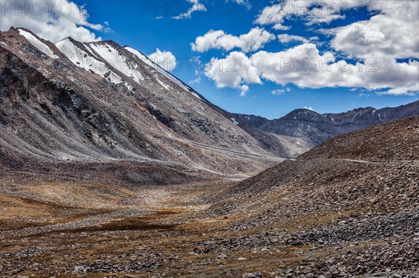 High altitude mountain road in Himalayas near Kardung La pass in Ladakh