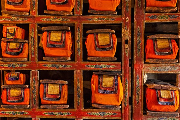 Folios of old manuscripts in library of Thiksey Gompa