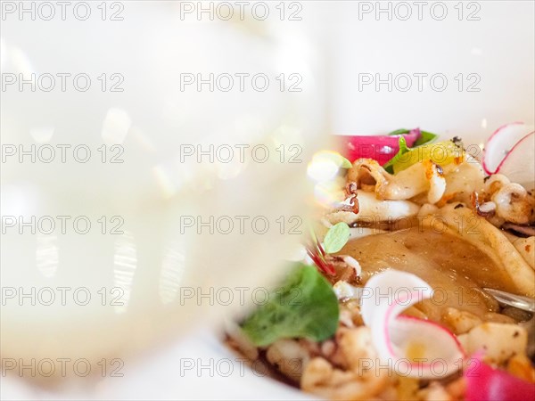 Macro close up of atlantic squid plated with potato rich sauce cream reduction