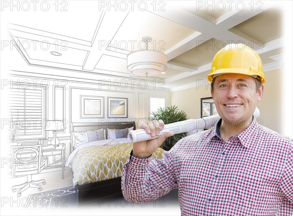 Smiling contractor in hard hat with roll of plans over custom bedroom drawing and photo combination