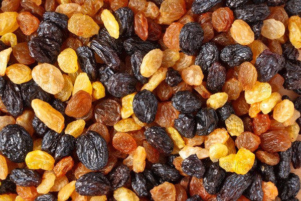 Mixed raisins of different colors close up