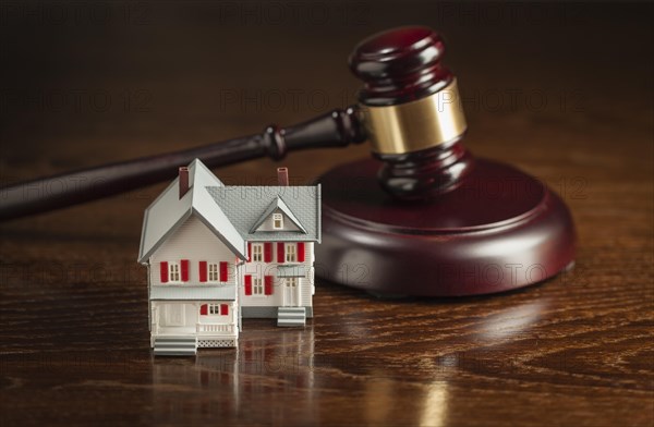 Gavel and small model house on wooden table