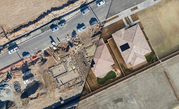 Drone aerial view cross section of home construction site