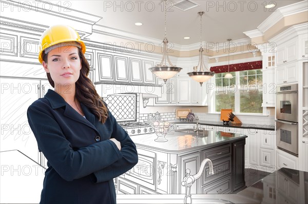 Female contractor over kitchen drawing gradating to photo