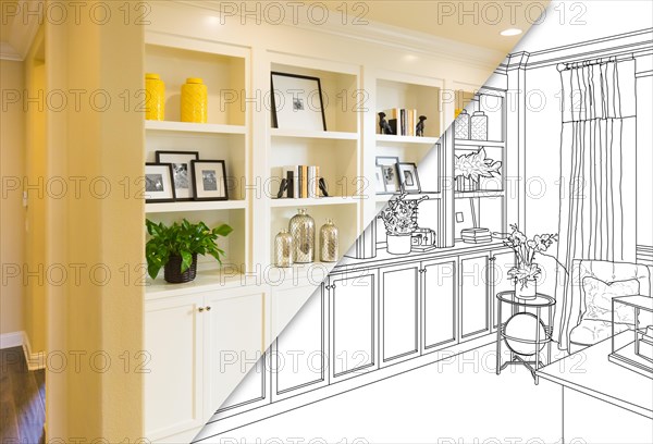 Custom built-in shelves and cabinets design drawing with cross section of finished photo