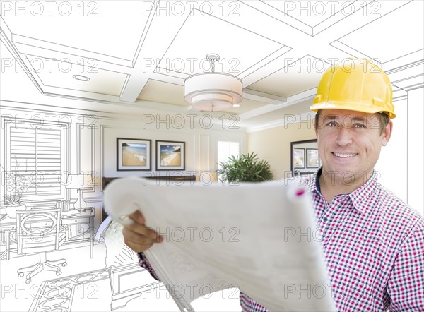 Smiling contractor in hard hat with roll of plans over custom bedroom drawing and photo combination