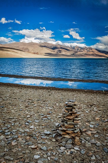 Stone cairn at Himalayan lake Tso Moriri