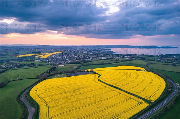 Sunset over Devon Fields and Farmlands from a drone