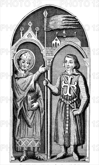 A bishop presents the Oriflamme to a crusader