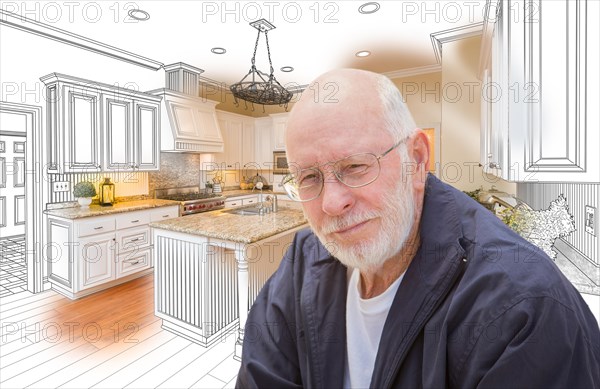 Happy senior man over custom kitchen design drawing and photo