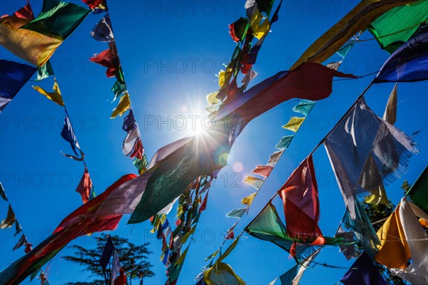 Buddhist prayer flags lungta with Om Mani Padme Hum Buddhist mantra prayer meaning Praise to the Jewel in the Lotus on kora around Tsuglagkhang complex. McLeod Ganj