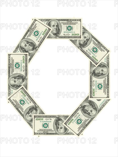 Letter O made of dollars isolated on white background