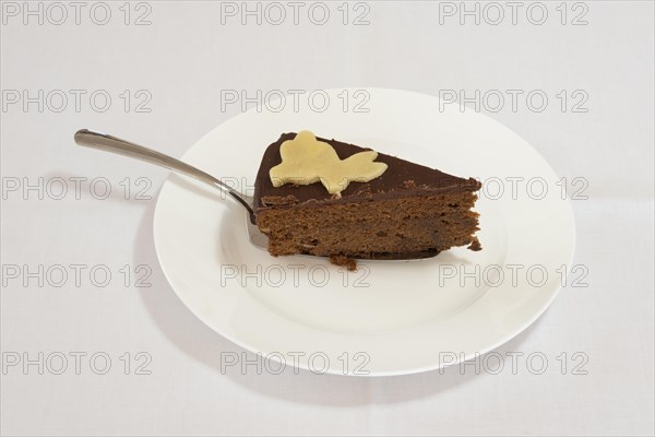 A piece of chocolate cake with cake server on a cake plate