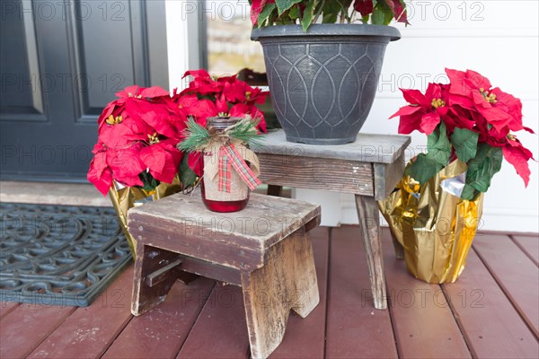 Christmas decorations at front door of house