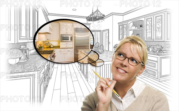 Creative woman with pencil over custom kitchen drawing and thought bubble photo combination