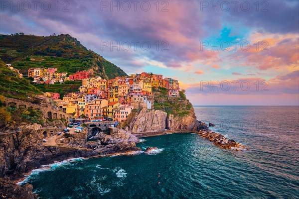 Manarola village popular european italian tourist destination in Cinque Terre National Park UNESCO World Heritage Site