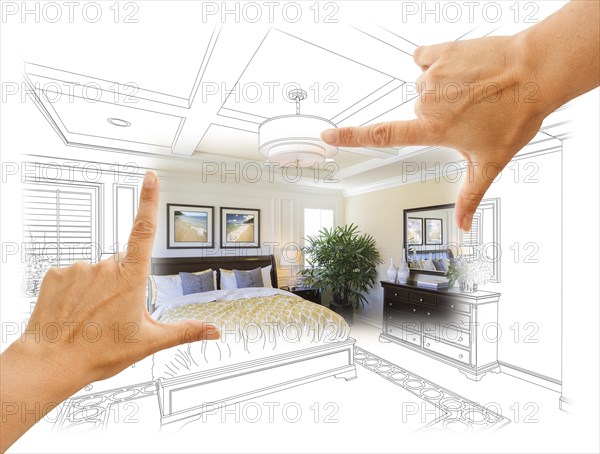 Beautiful hands framing custom bedroom drawing photograph combination