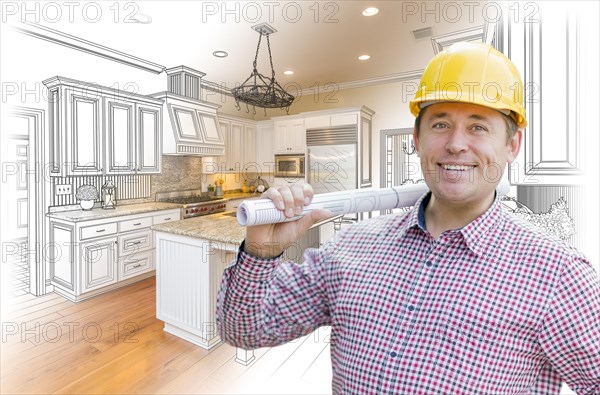 Smiling contractor in hard hat with roll of plans over custom kitchen drawing and photo combination