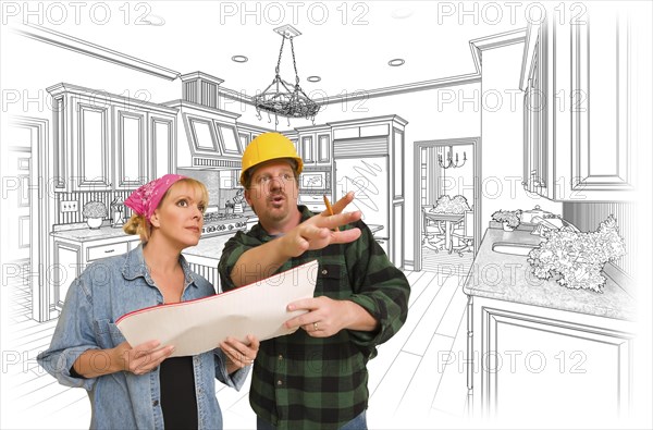 Contractor talking with customer over custom kitchen drawing