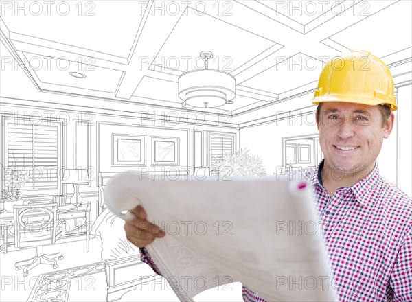 Smiling contractor in hard hat with level over custom bedroom drawing