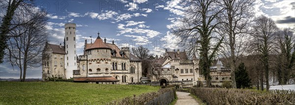 Backlit photo of the main portal and the castle tower of Lichtenstein Castle