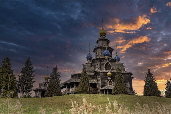 Russian Orthodox Church of Saint Nicholas with dramatic sky in the evening light