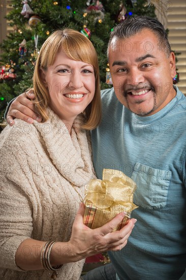 Happy young mixed-race couple with present near christmas tree