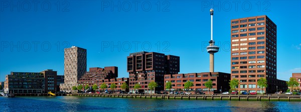 Panorama of Rotterdam cityscape with Euromast observation tower and Nieuwe Maas river