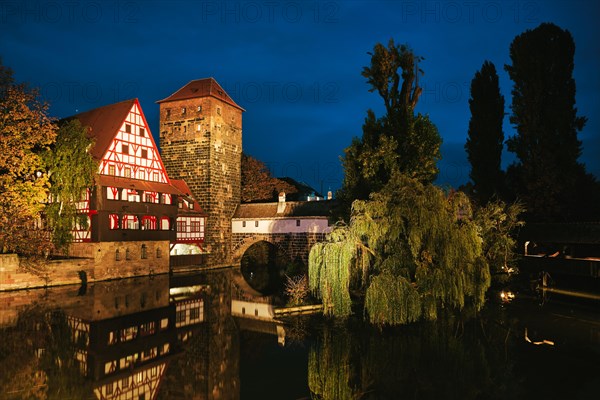 Nuremberg city houses on riverside of Pegnitz river from Maxbrucke